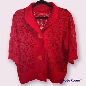 Red pointelle knit cardigan sweater 1/2 sleeve, large buttons, Sz S